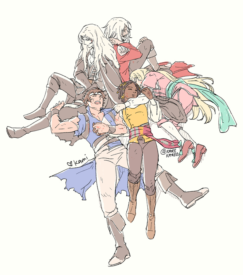 2girls, 3boys, alucard_(castlevania), annette_(castlevania), beard, blonde_hair, boots, brown_hair