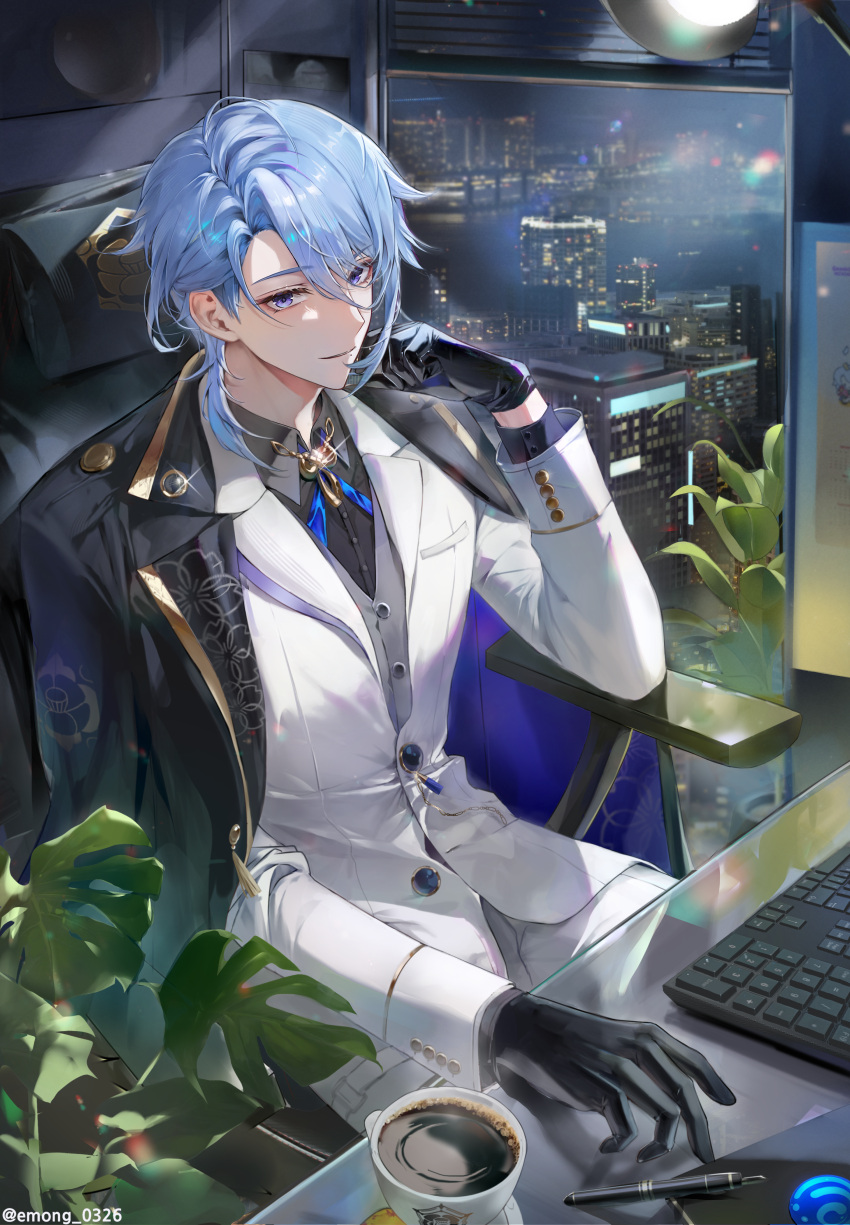 1boy, absurdres, asymmetrical_hair, black_coat, black_gloves, black_shirt, blue_hair, brooch