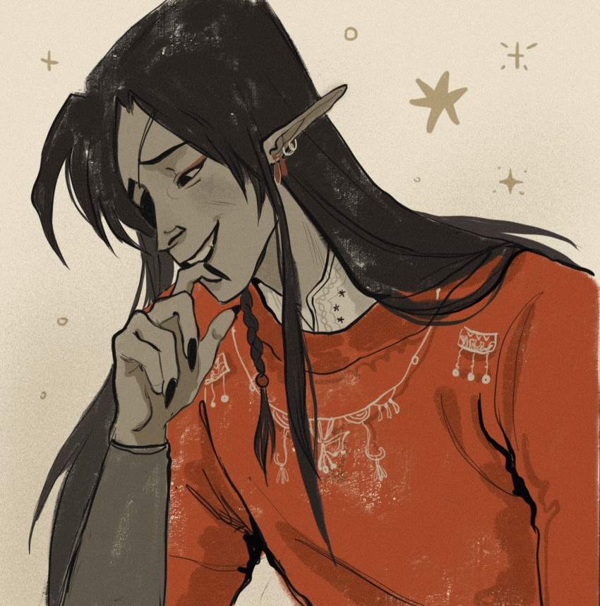 1boy, beads, biting_finger, black_eyes, black_hair, black_nails, bracer, braid