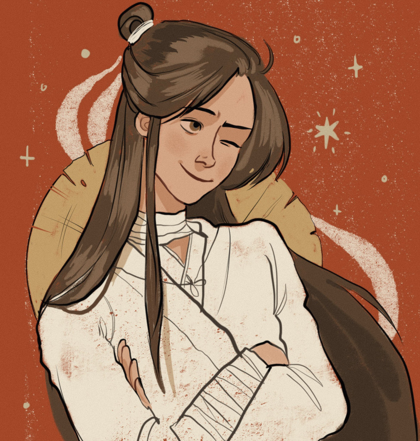 1boy, arm_wrap, bandaged_neck, bandages, brown_eyes, brown_hair, chinese_clothes, closed_mouth