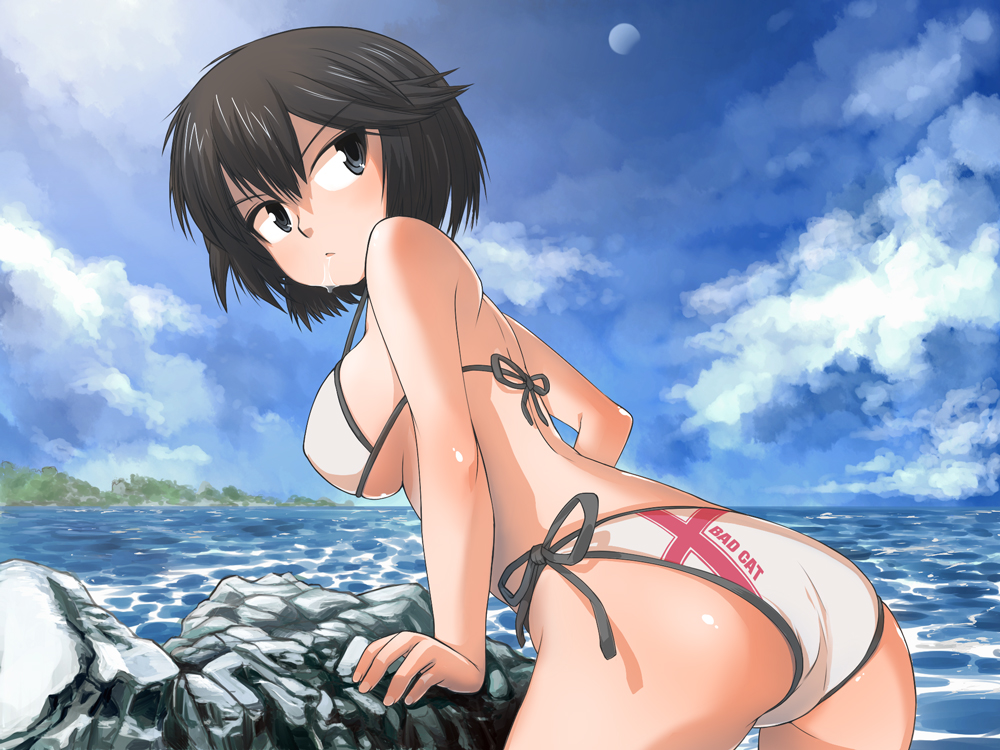 bikini, black_eyes, black_hair, cohta1871, cot, nazo_no_kanojo_x, ocean, rock, saliva, short_hair, sideboob, swimsuit, urabe_mikoto