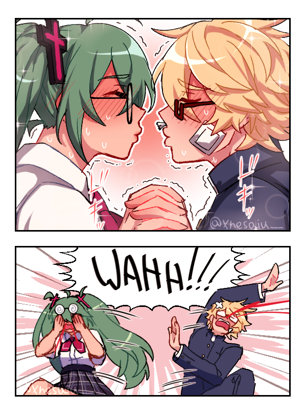 1boy, 1girl, blonde_hair, blood, coke-bottle_glasses, confessions_of_a_rotten_girl_(vocaloid), gakuran, glasses
