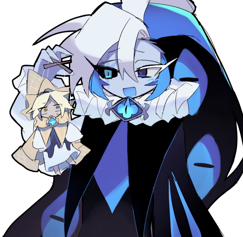 2boys, blonde_hair, blue_eyes, blue_hat, blue_skin, blue_theme, colored_skin, cookie_run