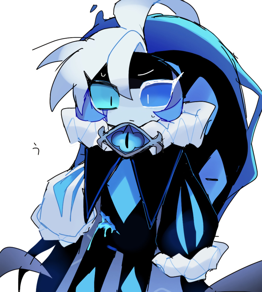 1boy, blue_eyes, blue_hat, blue_skin, blue_theme, colored_skin, cookie_run, hakutouyu, hat, highres, humanization, jester_cap, jewelry, long_sleeves, looking_at_viewer, male_focus, neck_ruff, personification, puffy_long_sleeves, puffy_sleeves, shadow_milk_cookie, simple_background, smile, solo, white_hair