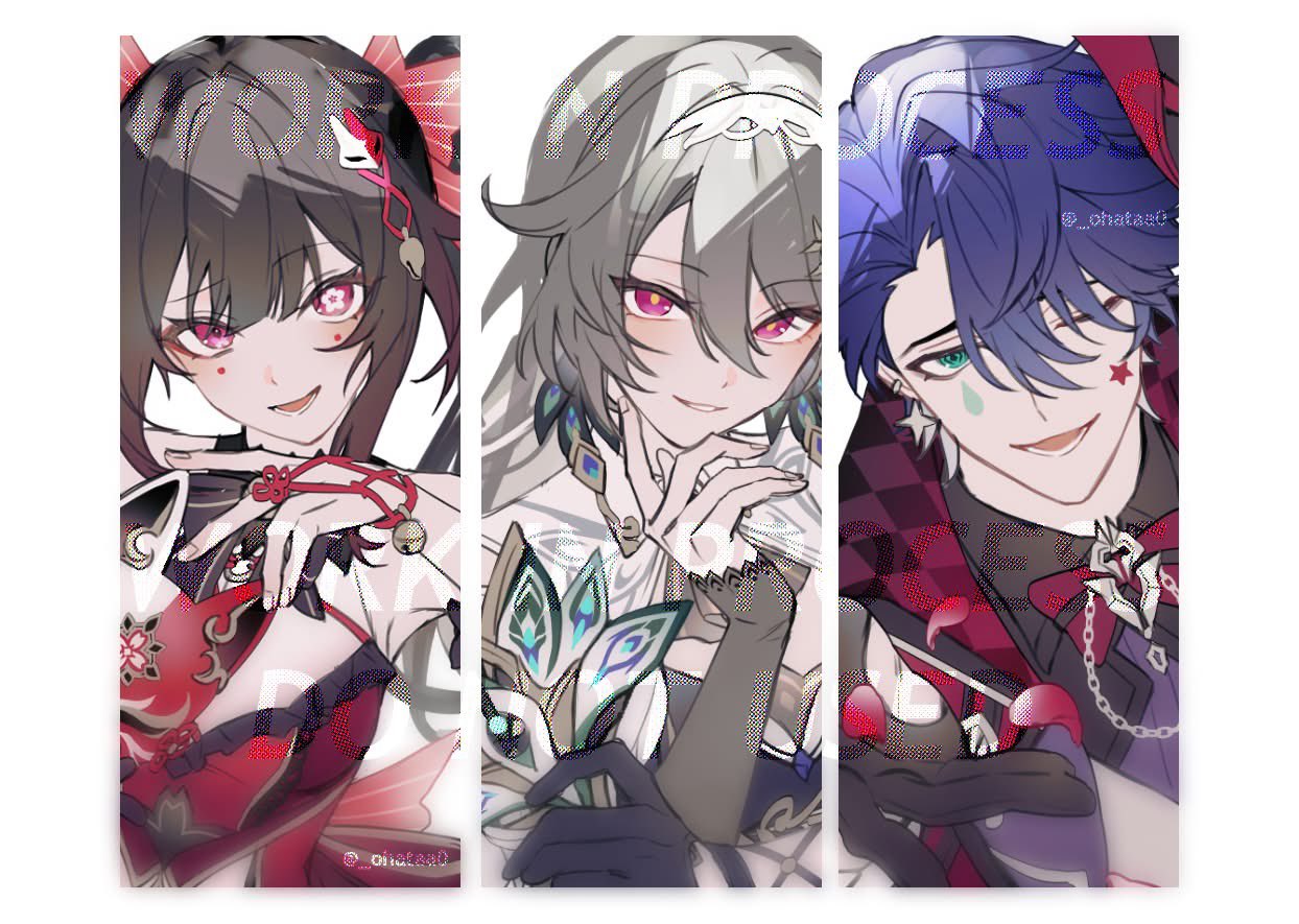 1boy, 2girls, bell, blue_hair, blunt_bangs, earrings, eyeliner, eyeshadow, facial_mark, flower-shaped_pupils, fox_mask, gloves, green_eyes, grey_hair, hair_between_eyes, hair_intakes, hair_over_one_eye, half_gloves, hata_(ohataa0), honkai:_star_rail, honkai_(series), honkai_impact_3rd, jewelry, long_hair, looking_at_viewer, lower_teeth_only, makeup, mark_under_both_eyes, mask, multiple_girls, one_eye_closed, open_mouth, peacock_mask, petals, pioneer_(nikke), red_eyes, rose_petals, sampo_koski, short_hair, side_part, simple_background, smile, sparkle_(honkai:_star_rail), symbol-shaped_pupils, teeth, twintails, twitter_username, unfinished, vita_(honkai_impact), vita_(lone_planetfarer)_(honkai_impact), white_background, yellow_pupils