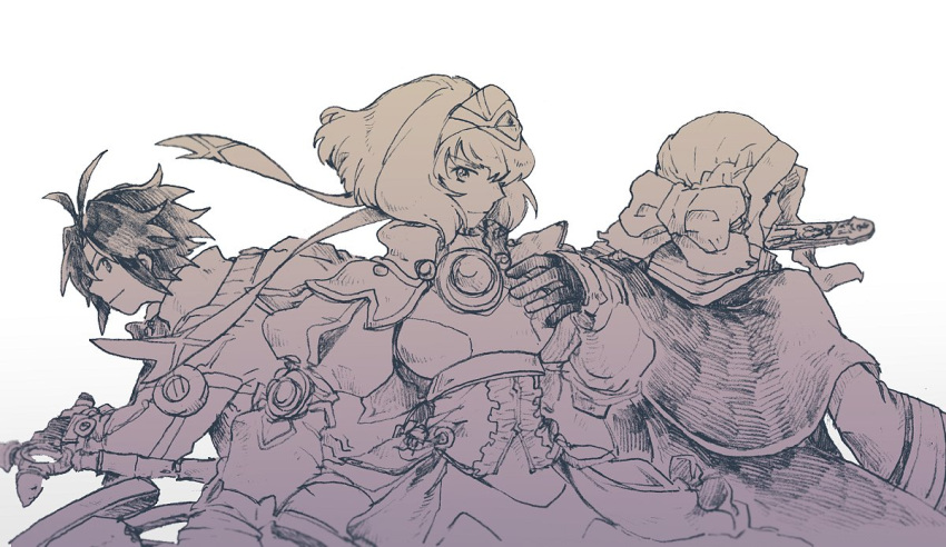 1boy, 2girls, alexia_lynn_elesius, armor, armored_dress, bow, closed_mouth, coat