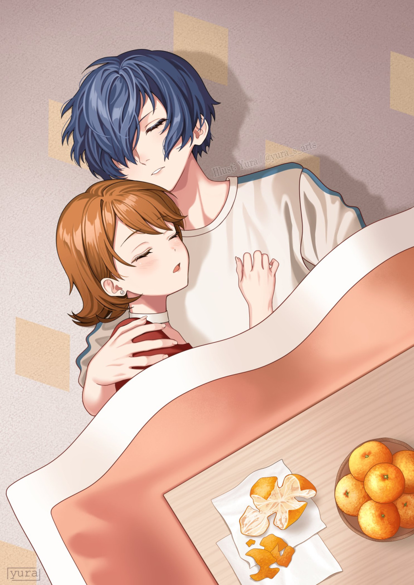 1boy, 1girl, blue_hair, blush, brown_hair, choker, closed_eyes, commission, couple, cuddling, earrings, english_commentary, flipped_hair, food, from_above, fruit, fruit_bowl, hair_over_one_eye, hand_on_another's_shoulder, head_on_another's_chest, highres, indoors, jewelry, kotatsu, mandarin_orange, open_mouth, orange_(fruit), orange_peel, parted_lips, persona, persona_3, persona_3_reload, pink_shirt, shirt, short_hair, sleeping, stud_earrings, table, takeba_yukari, under_covers, upper_body, white_choker, white_shirt, yura_s_arts, yuuki_makoto_(persona_3)