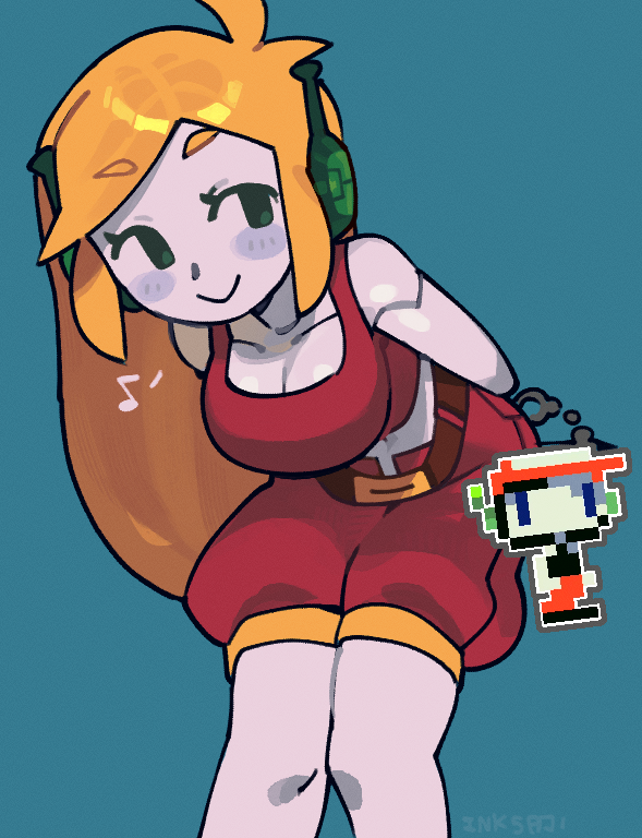 1girl, arms_behind_back, belt, blonde_hair, blush, breasts, character_charm, charm_(object)