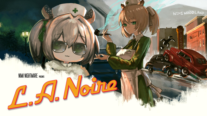 1girl, :3, absurdres, advarcher, animal_ears, apron, black_car, bow