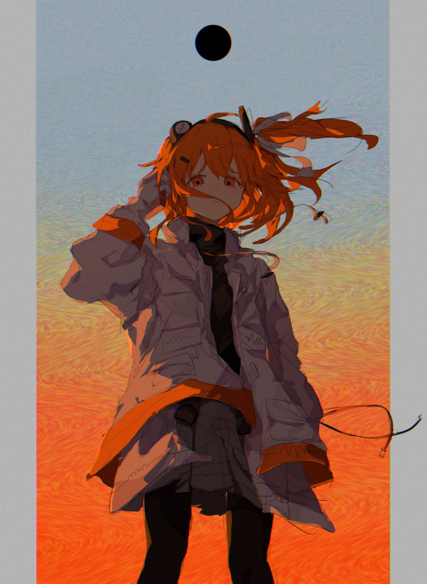 1girl, a.i._voice, abstract_background, adachi_rei, arm_at_side, black_pantyhose, black_shirt, blue_background, closed_mouth, distortion, empty_eyes, expressionless, feet_out_of_frame, floating_hair, gloves, gradient_background, grey_skirt, hair_ribbon, half-closed_eyes, hand_up, headlamp, highres, holding, image_warping, jacket, long_sleeves, looking_at_viewer, medium_hair, netsu_ijou_(utau), one_side_up, open_clothes, open_jacket, orange_background, orange_eyes, orange_hair, outside_border, pantyhose, pillarboxed, radio_antenna, ribbon, shirt, sidelighting, skirt, solo, standing, staring, utau, white_gloves, white_jacket, white_ribbon, wind, yuyufufu