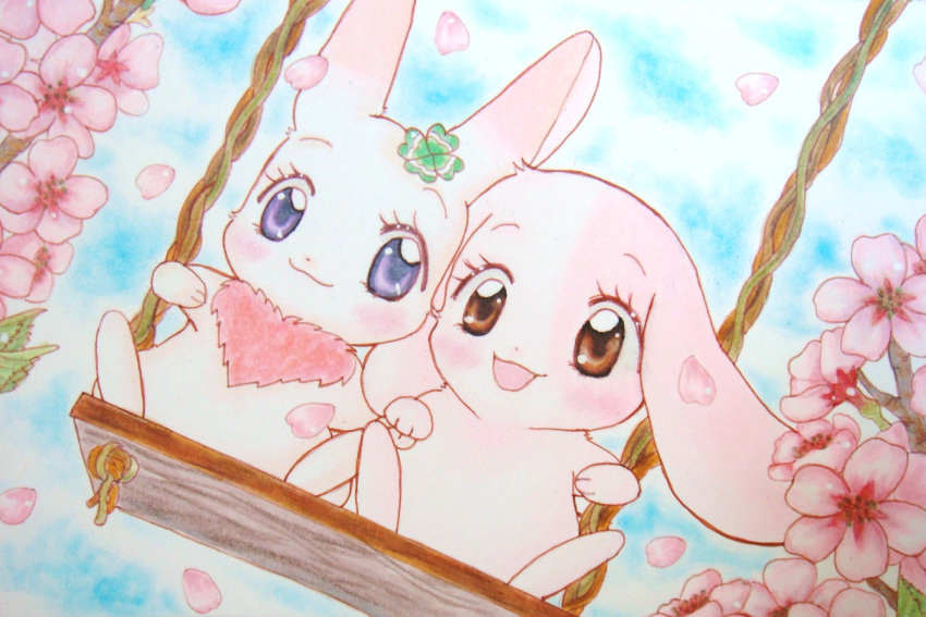 :3, animal_focus, blush, brown_eyes, cherry_blossoms, chima_(happy_happy_clover), clover_hair_ornament, commentary_request