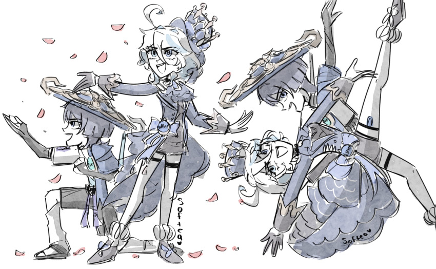 1boy, 1girl, ahoge, aqua_gemstone, arm_up, ascot, asymmetrical_gloves, black_bridal_gauntlets