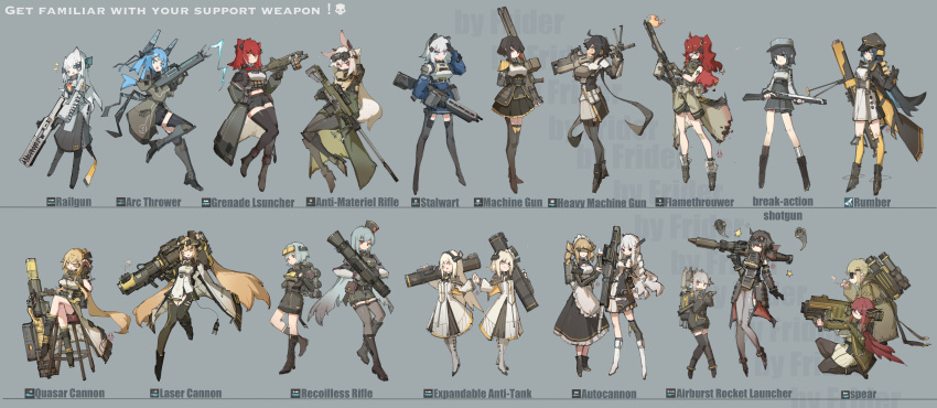 6+girls, absurdres, ac-8_autocannon, ammunition_backpack, anti-materiel_rifle, apw-1_anti-material_rifle, arc-3_arc_thrower, armor