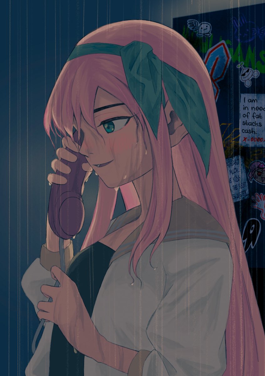 1girl, aubrey_(faraway)_(omori), aubrey_(omori), blue_eyes, blue_hairband, character_sticker, english_text, from_side