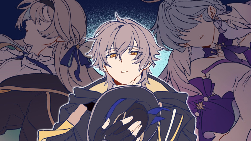 1boy, 2girls, bare_shoulders, black_coat, black_gloves, black_hairband, black_hat, black_jacket, blue_background, blue_hair, blue_ribbon, caelus_(honkai:_star_rail), choker, coat, detached_sleeves, dress, earrings, feathered_wings, fingerless_gloves, fingernails, firefly_(honkai:_star_rail), gem, gloves, grey_hair, hair_between_eyes, hair_over_eyes, hair_ribbon, hairband, hand_up, hat, head_wings, highres, holding, holding_hat, holding_unworn_clothes, honkai:_star_rail, honkai_(series), hood, hooded_coat, jacket, jewel_under_eye, jewelry, lapels, long_hair, long_sleeves, looking_at_viewer, multiple_girls, open_clothes, open_jacket, pearl_(gemstone), purple_choker, ribbon, robin_(honkai:_star_rail), rongyuan_gulu, sailor_collar, short_hair, short_sleeves, simple_background, sleeveless, sleeveless_dress, star_ornament, teeth, trailblazer's_hat_(honkai:_star_rail), trailblazer_(honkai:_star_rail), two-sided_coat, two-sided_fabric, unworn_hat, unworn_headwear, upper_body, white_dress, white_ribbon, wings, yellow_coat, yellow_eyes