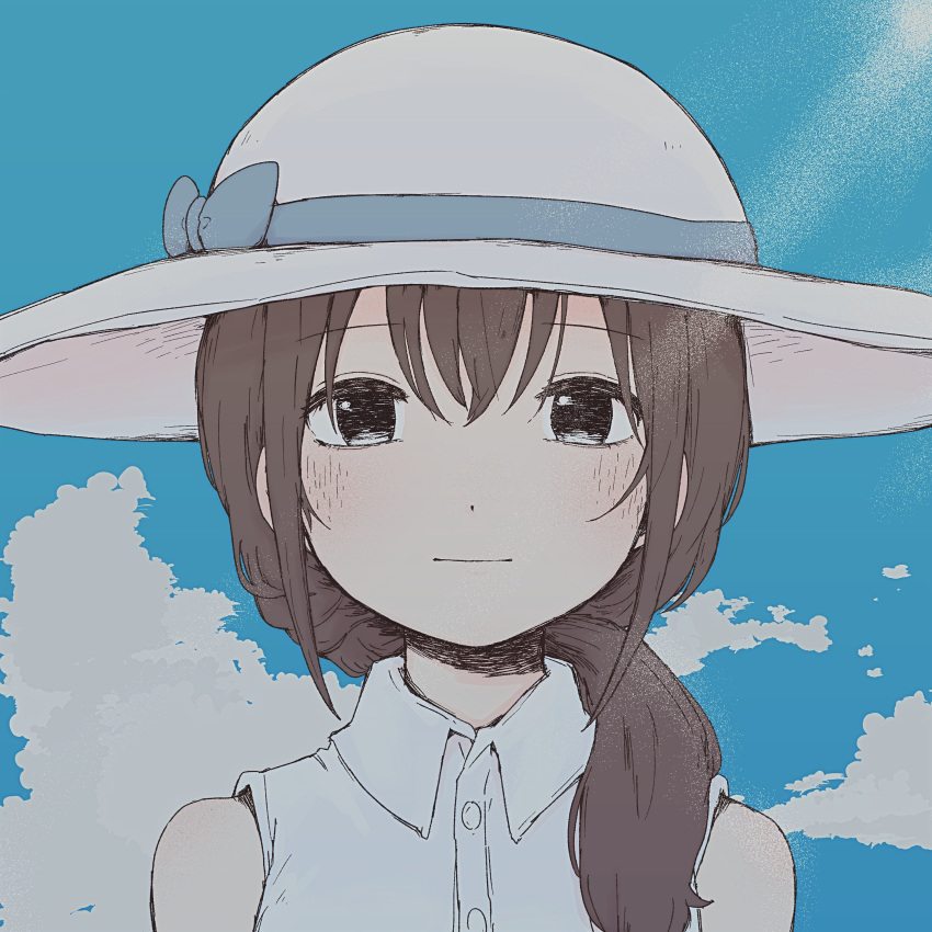 1girl, absurdres, bare_shoulders, black_eyes, blue_bow, blue_sky, bow, brown_hair