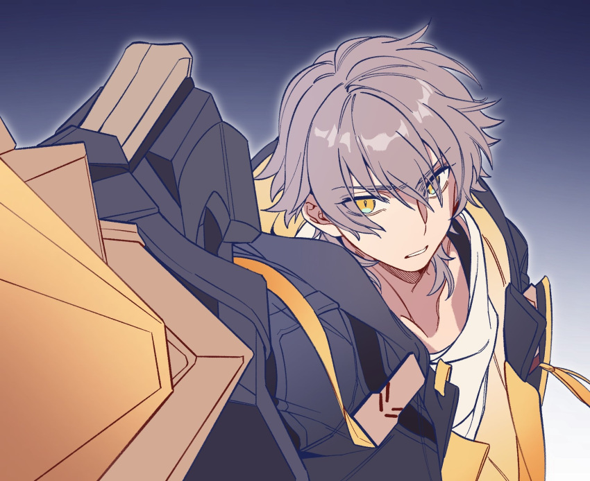 1boy, arm_up, black_coat, caelus_(honkai:_star_rail), coat, collarbone, gradient_background, grey_background, grey_hair, hair_between_eyes, highres, holding, holding_sword, holding_weapon, honkai:_star_rail, honkai_(series), hood, hooded_coat, long_sleeves, looking_at_viewer, male_focus, open_clothes, open_coat, rongyuan_gulu, shirt, short_hair, simple_background, solo, sword, t-shirt, teeth, trailblazer_(honkai:_star_rail), two-sided_coat, two-sided_fabric, upper_body, v-shaped_eyebrows, weapon, white_background, white_shirt, yellow_coat, yellow_eyes