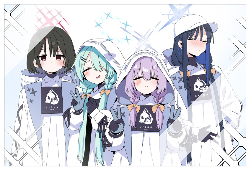 4girls, ^_^, absurdres, aqua_hair, arius_squad_(blue_archive), atsuko_(blue_archive), atsuko_(blue_archive)_(cosplay), b.t._(boob_tong)