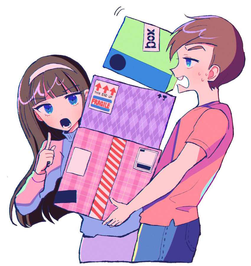 1boy, 1girl, aged_up, black_hair, blue_eyes, box, brown_hair, buck_teeth