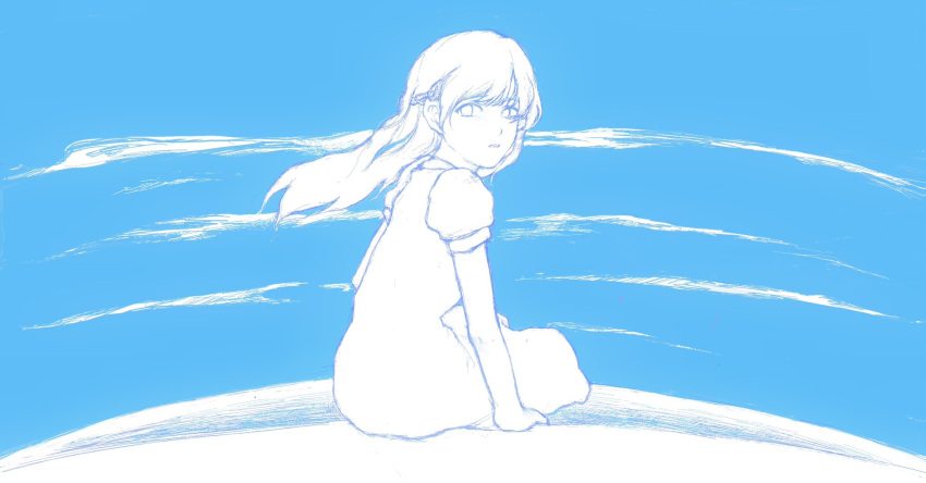 1girl, angel_care_(vocaloid), arm_support, blue_background, clouds, dress, floating_hair, from_behind