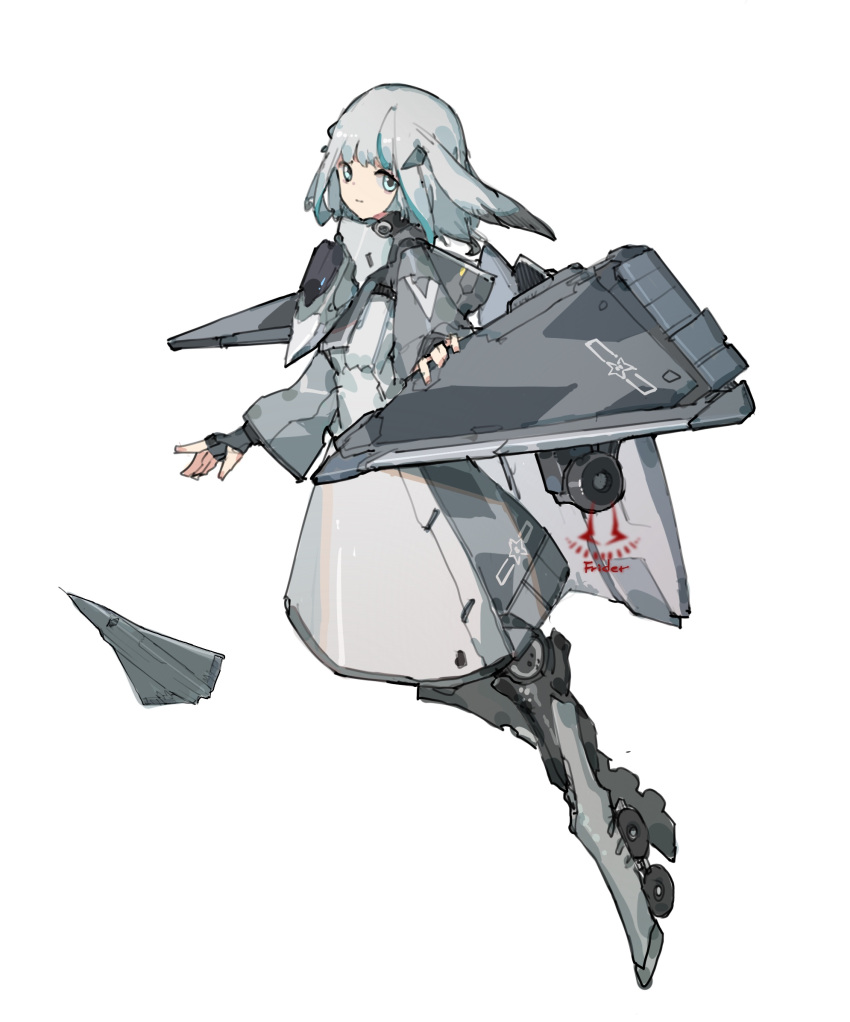 1girl, aircraft, airplane, chengdu_j-36, dress, fighter_jet, frider, grey_dress, grey_hair, highres, landing_gear, looking_at_viewer, mecha_musume, mechanical_legs, military_vehicle, people's_liberation_army, people's_liberation_army_air_force, personification, solo, tachi-e, war_thunder, white_background