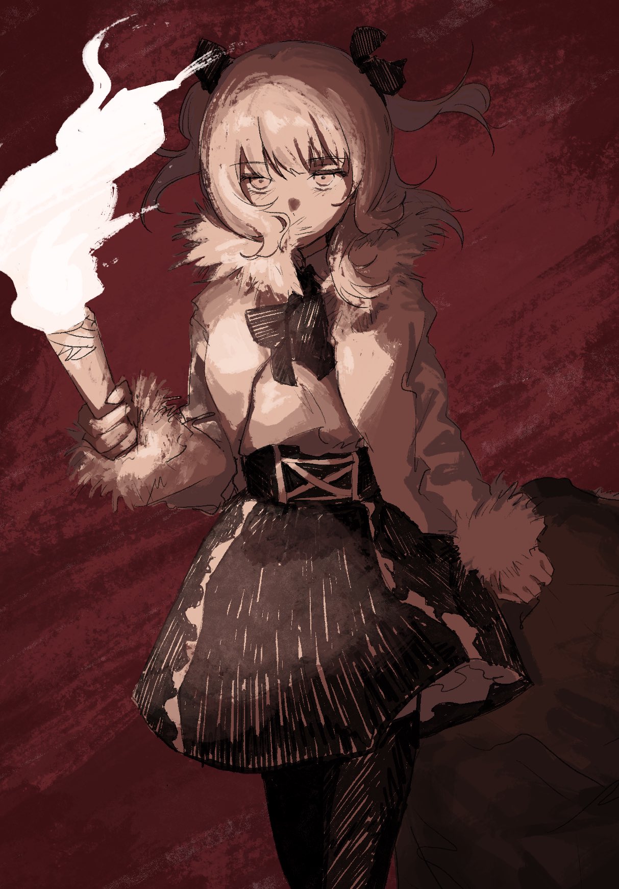 1girl, abstract_background, ada_(iyowa), adipocere_(vocaloid), bow, bowtie, coat, commentary_request, covered_mouth, dragging, feet_out_of_frame, fire, floating_hair, fur-trimmed_coat, fur_trim, greyscale_with_colored_background, hair_ribbon, half-closed_eyes, hand_up, high-waist_skirt, highres, holding, holding_torch, iyowa_girls, long_sleeves, looking_at_viewer, medium_hair, mitty3302004, open_clothes, open_coat, red_background, ribbon, serious, shirt, shirt_tucked_in, skirt, solo, thigh-highs, torch, twintails, walking