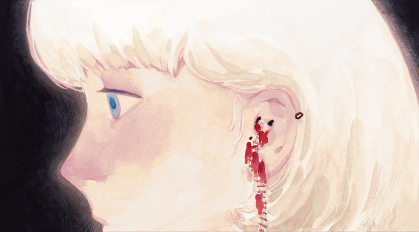 1girl, 6+others, black_background, blonde_hair, blue_eyes, chinese_commentary, climbing, closed_mouth