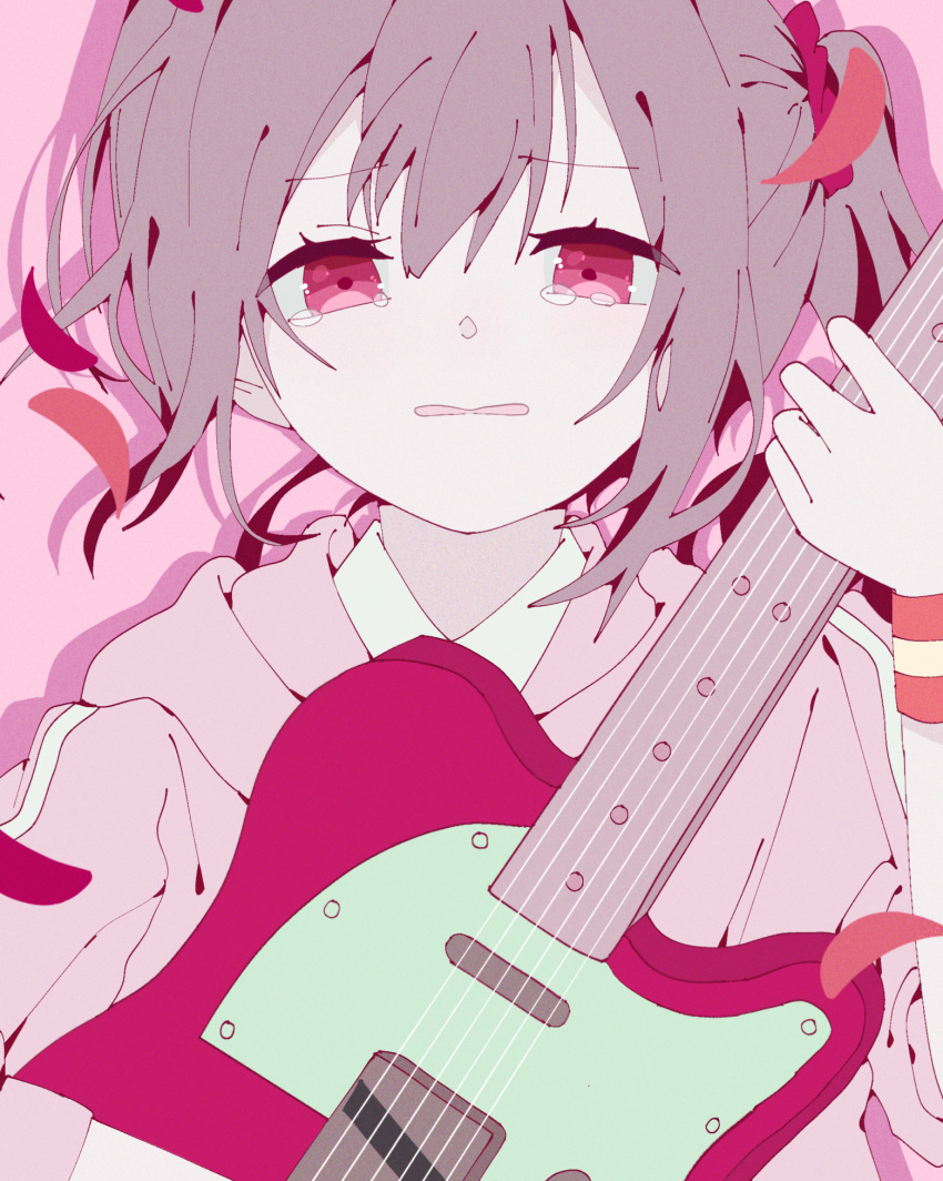 1girl, blush, brown_hair, commentary_request, drop_shadow, falling_petals, film_grain, guitar