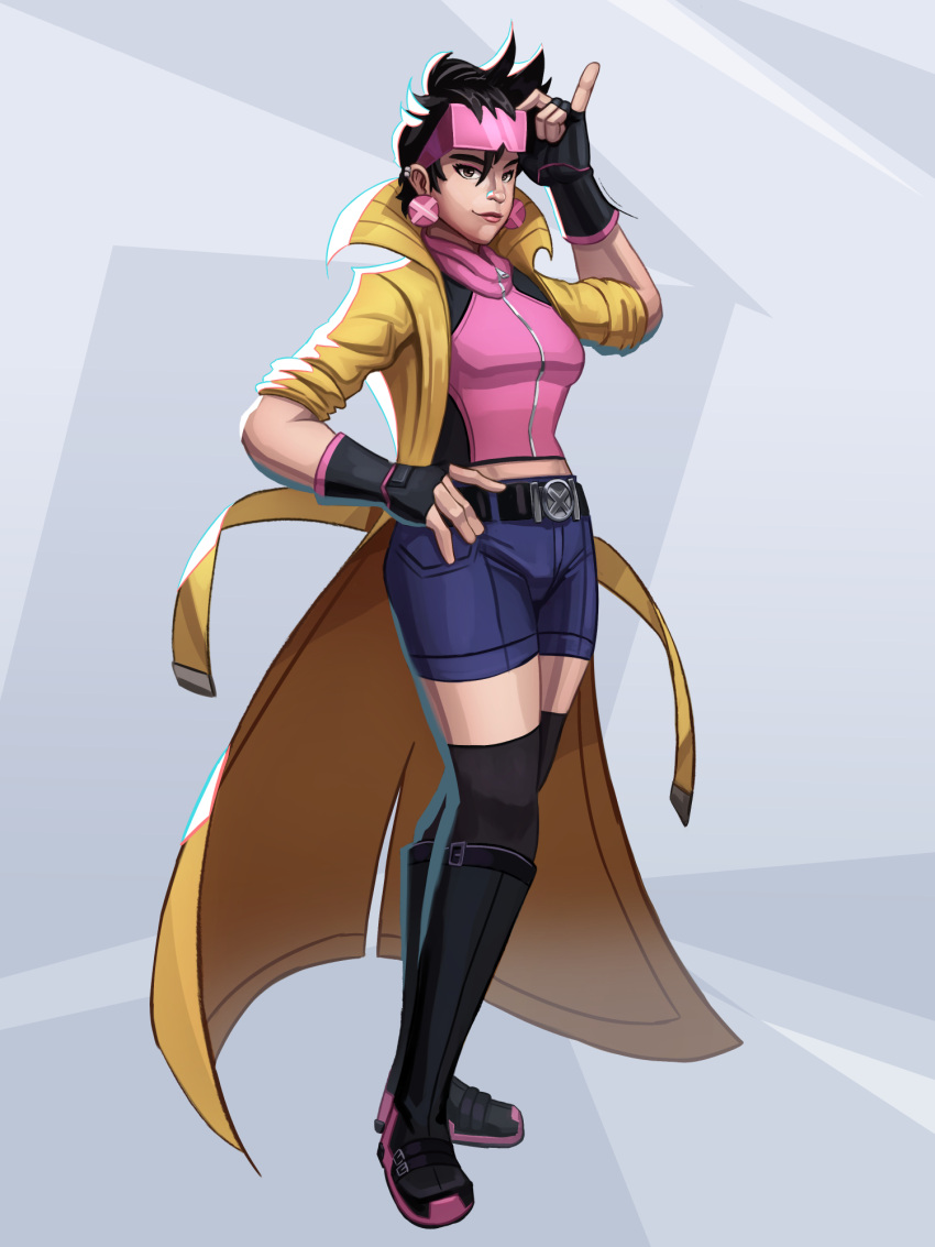 1girl, adjusting_eyewear, black_hair, black_socks, coat, earrings, eyewear_on_head, fingerless_gloves, gloves, hand_on_own_hip, highres, indigo_shorts, jewelry, jubilee, long_coat, marvel, marvel_rivals, parody, pink-framed_eyewear, pink_lips, ribbions_art, shorts, socks, solo, style_parody, two-tone_shirt, very_long_coat, x-men, yellow_coat