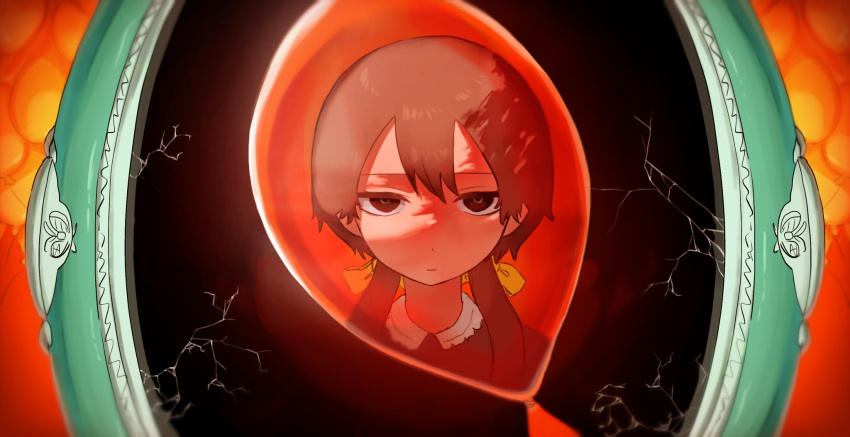 1girl, apricot_(vocaloid), balloon, black_eyes, black_hair, black_shirt, broken_mirror, closed_mouth
