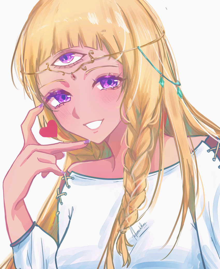1girl, absurdres, blonde_hair, commentary, dark-skinned_female, dark_skin, dress, eupha_(metaphor:_refantazio), fingernails, heart, highres, jewelry, kkumachi, long_hair, looking_at_viewer, metaphor:_refantazio, open_mouth, purple_nails, signature, simple_background, smile, solo, third_eye, violet_eyes, white_background, white_dress