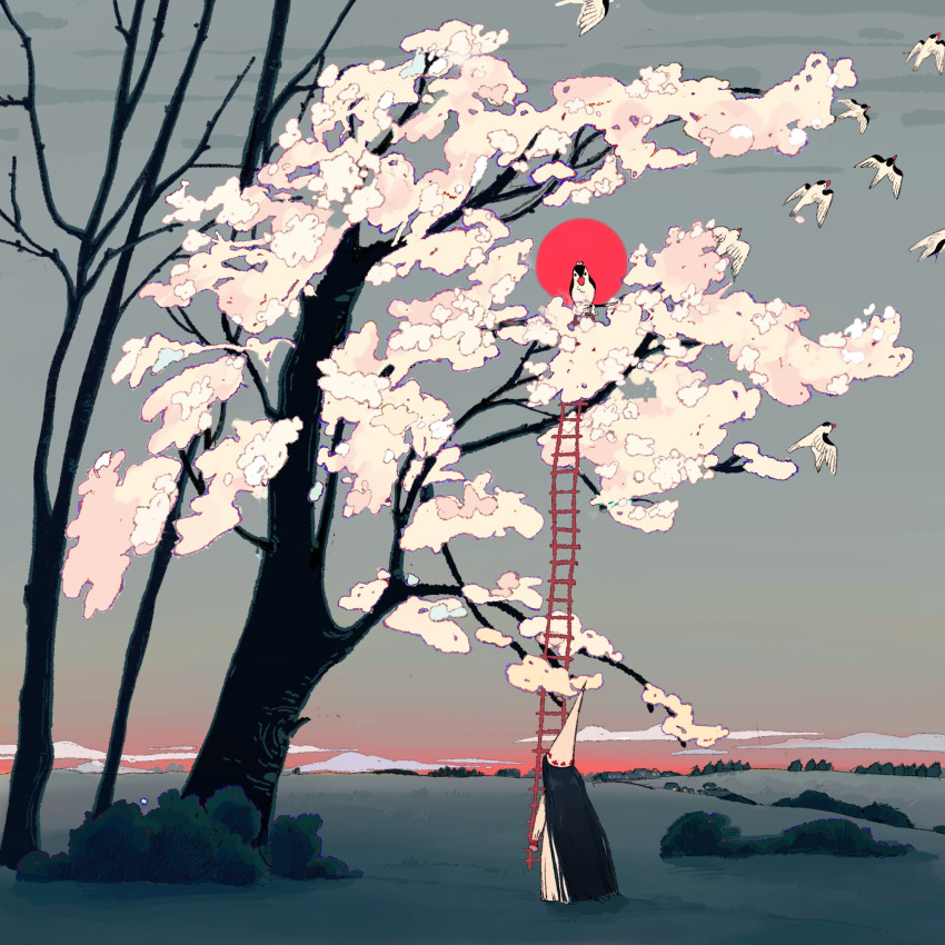 1girl, absurdly_long_hair, bird, black_hair, cherry_blossoms, clouds, dress, field