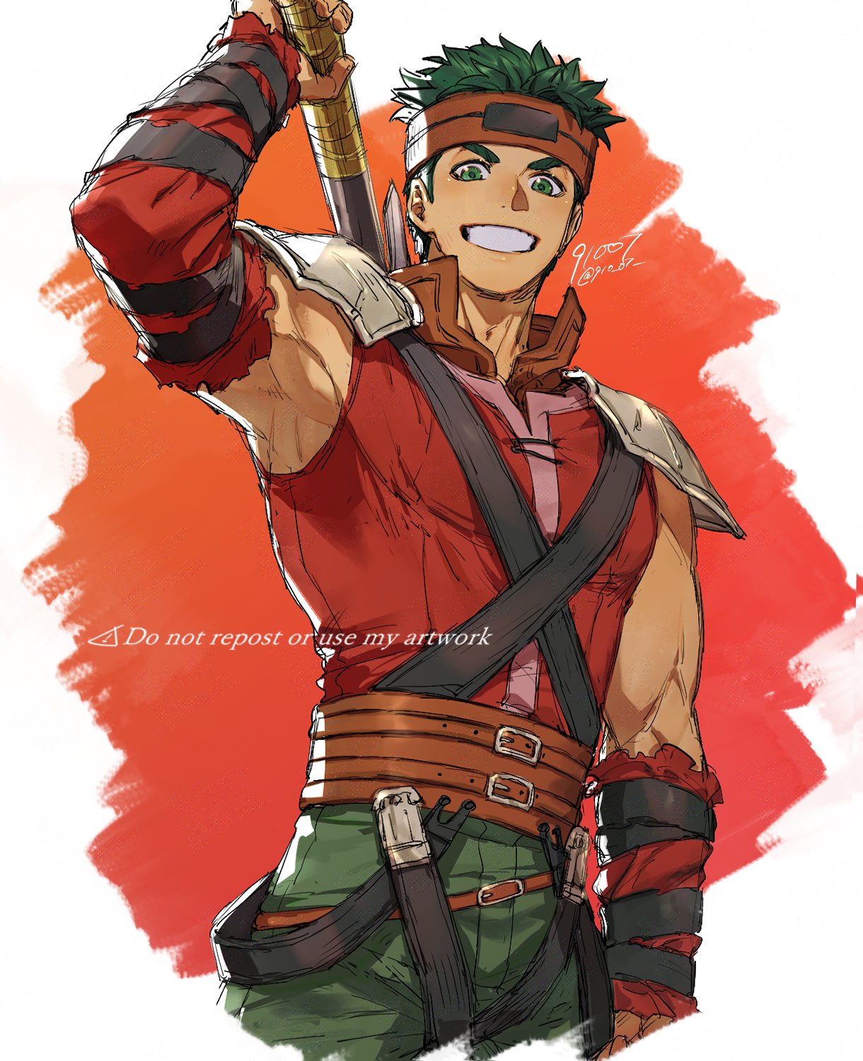 1boy, 91007, arm_up, armpits, artist_name, boyd_(fire_emblem), commentary_request, cropped_legs