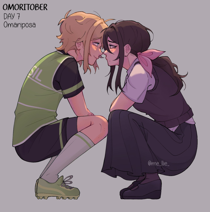 1boy, 1girl, alternate_costume, alternate_universe, antenna_hair, aubrey_(faraway)_(omori), aubrey_(omori), basil_(faraway)_(omori), basil_(omori), black_eyes, black_footwear, black_hair, black_pantyhose, black_shirt, black_shorts, black_skirt, black_sweater_vest, blonde_hair, blue_eyes, blush, cleats, closed_mouth, collared_shirt, green_footwear, grey_background, hair_ribbon, highres, long_hair, long_skirt, mel_(melmellie), omori, pantyhose, pink_ribbon, pleated_skirt, ribbon, shirt, short_hair, shorts, simple_background, skirt, smile, socks, squatting, sweater_vest, white_shirt, white_socks
