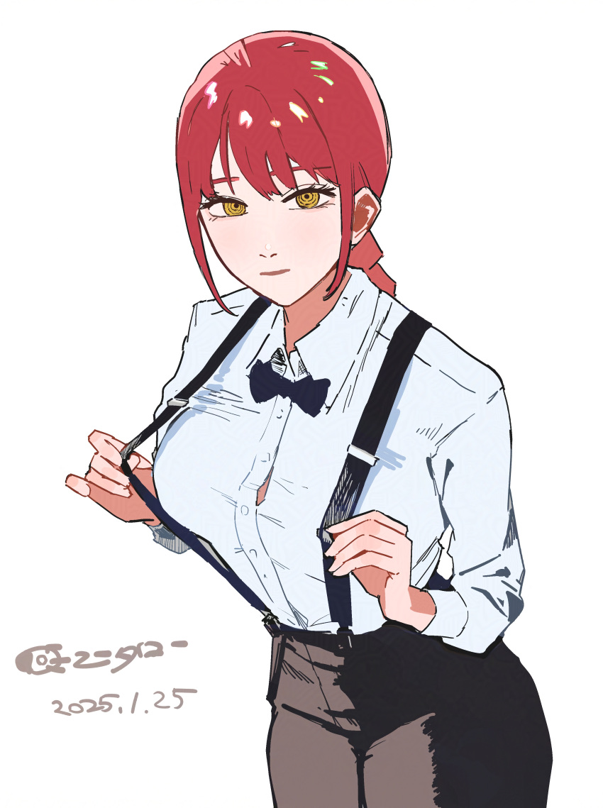 1girl, absurdres, black_bow, black_bowtie, black_pants, bow, bowtie, chainsaw_man