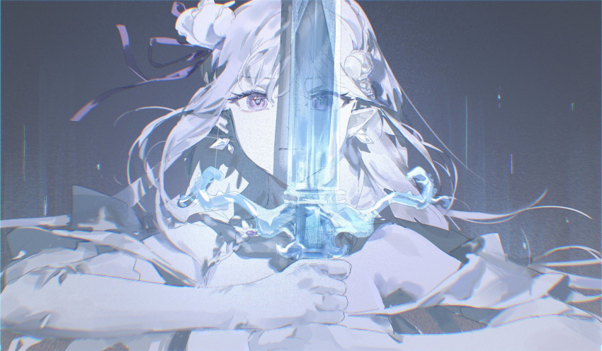 bare_shoulders, crystal_sword, elf, emilia_(re:zero), flower, gloves, grey_hair, hair_flower, hair_ornament, hair_ribbon, highres, holding, holding_sword, holding_weapon, long_hair, pointy_ears, re:zero_kara_hajimeru_isekai_seikatsu, ribbon, rose, sword, sword_in_front_of_face, violet_eyes, weapon, white_flower, white_gloves, white_rose, yu-y_(824412)
