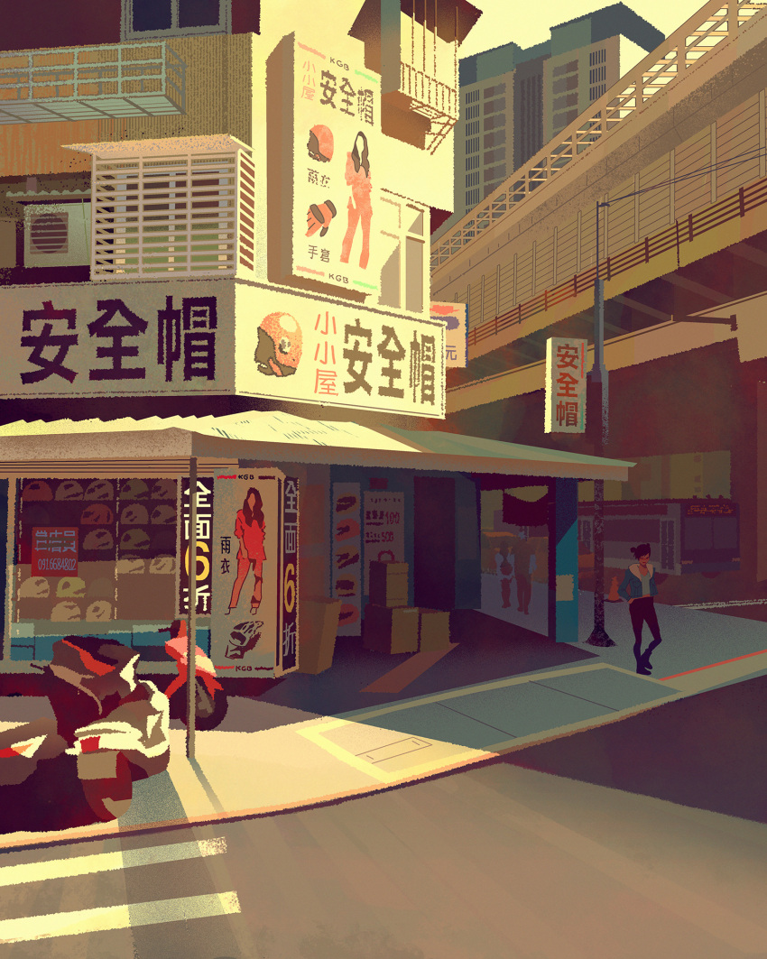 1girl, aqua_shirt, awning, black_footwear, black_pants, blue_hoodie, box, brown_hair
