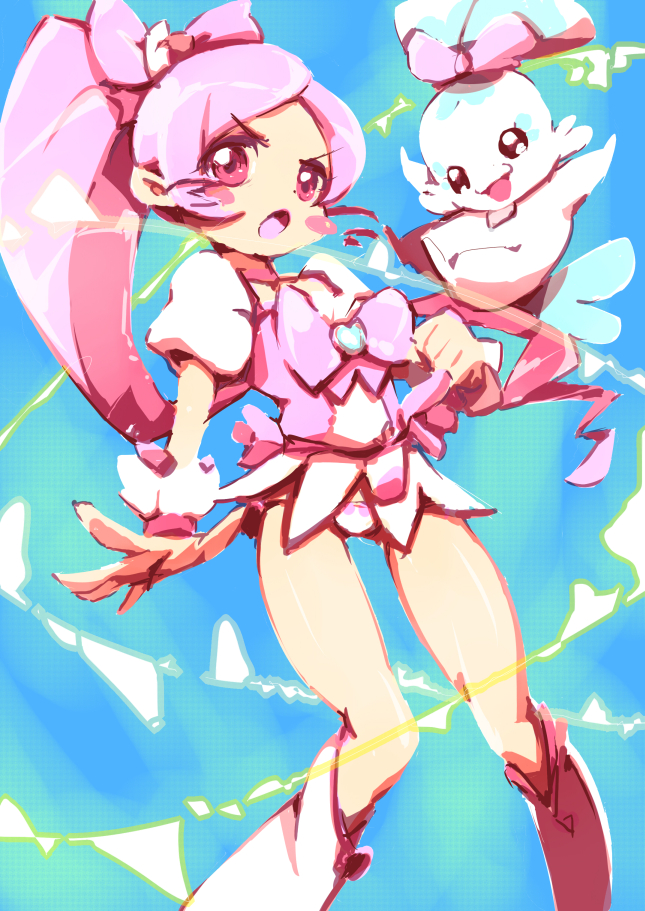 blue_background, chypre_(heartcatch_precure!), cure_blossom, hanasaki_tsubomi, heartcatch_precure!, kogaman, long_hair, magical_girl