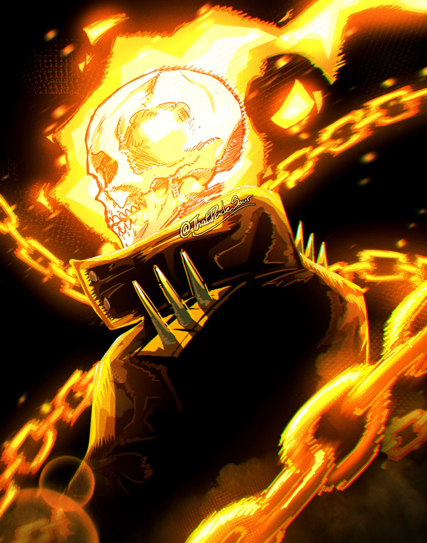 1boy, black_jacket, chain, fire, from_side, ghost_rider, ghost_rider_(series), highres