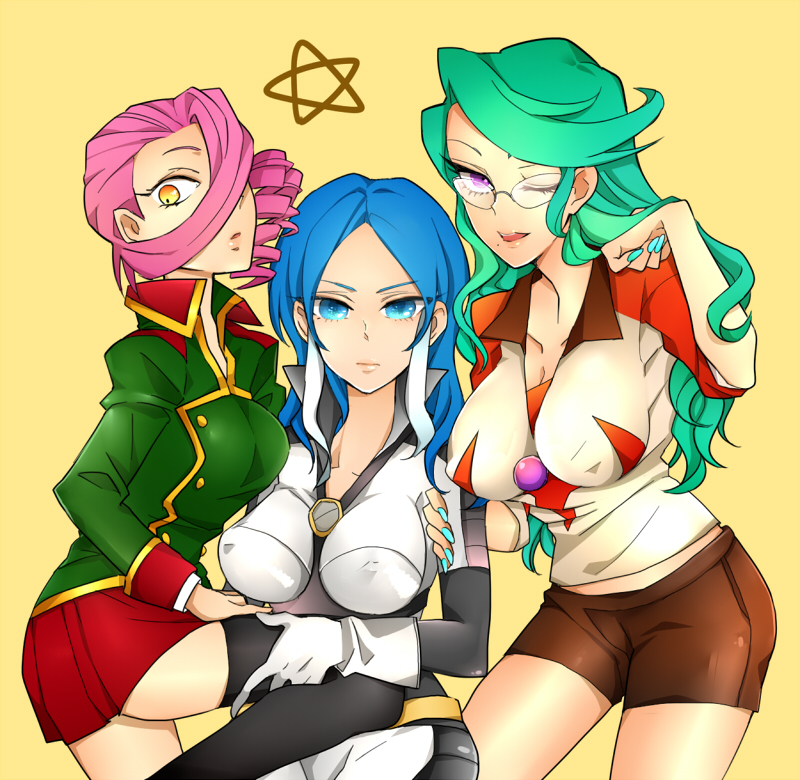 akarino7, blue_hair, breasts, drill_hair, glasses, green_hair, hair_over_one_eye, inazuma_eleven