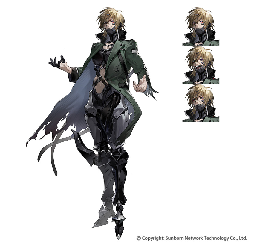 1boy, black_sclera, blonde_hair, coat, colored_sclera, copyright_notice, cyborg, fingernails