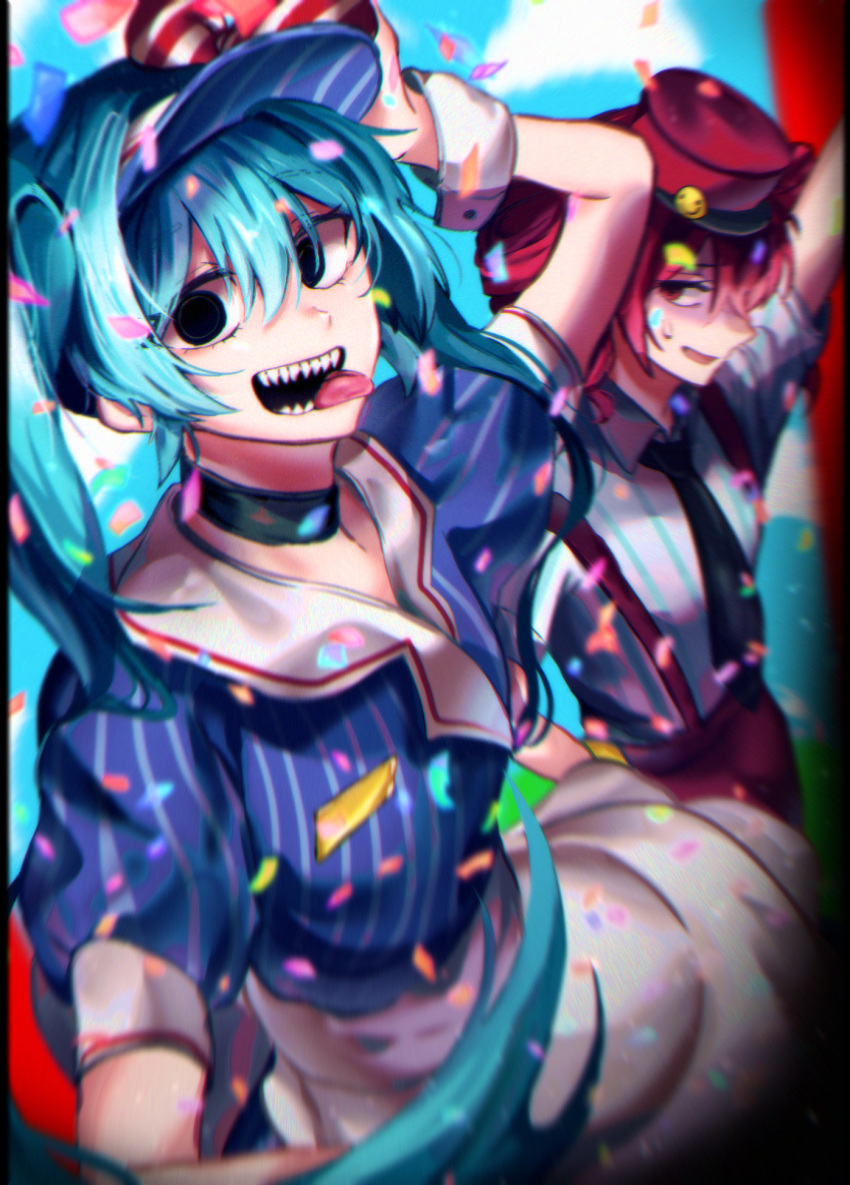 2girls, aqua_hair, black_choker, black_eyes, black_mouth, choker, confetti, distress_hand_signal, dress, drill_hair, empty_eyes, gloves, hand_on_headwear, hatsune_miku, highres, kasane_teto, looking_at_viewer, mesmerizer_(vocaloid), multiple_girls, na_nyananya28, open_mouth, pinstripe_dress, pinstripe_hat, pinstripe_pattern, puffy_short_sleeves, puffy_sleeves, red_eyes, red_hair, red_suspenders, sharp_teeth, shirt, short_sleeves, smiley_hair_ornament, smiley_hat_ornament, striped_clothes, striped_shirt, teeth, tongue, tongue_out, tridecagram, twin_drills, visor_cap, vocaloid, worried, yellow_gloves