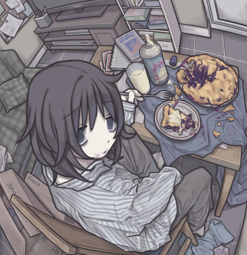 1girl, absurdres, androgynous, bookshelf, brown_hair, depressed, fisheye, food