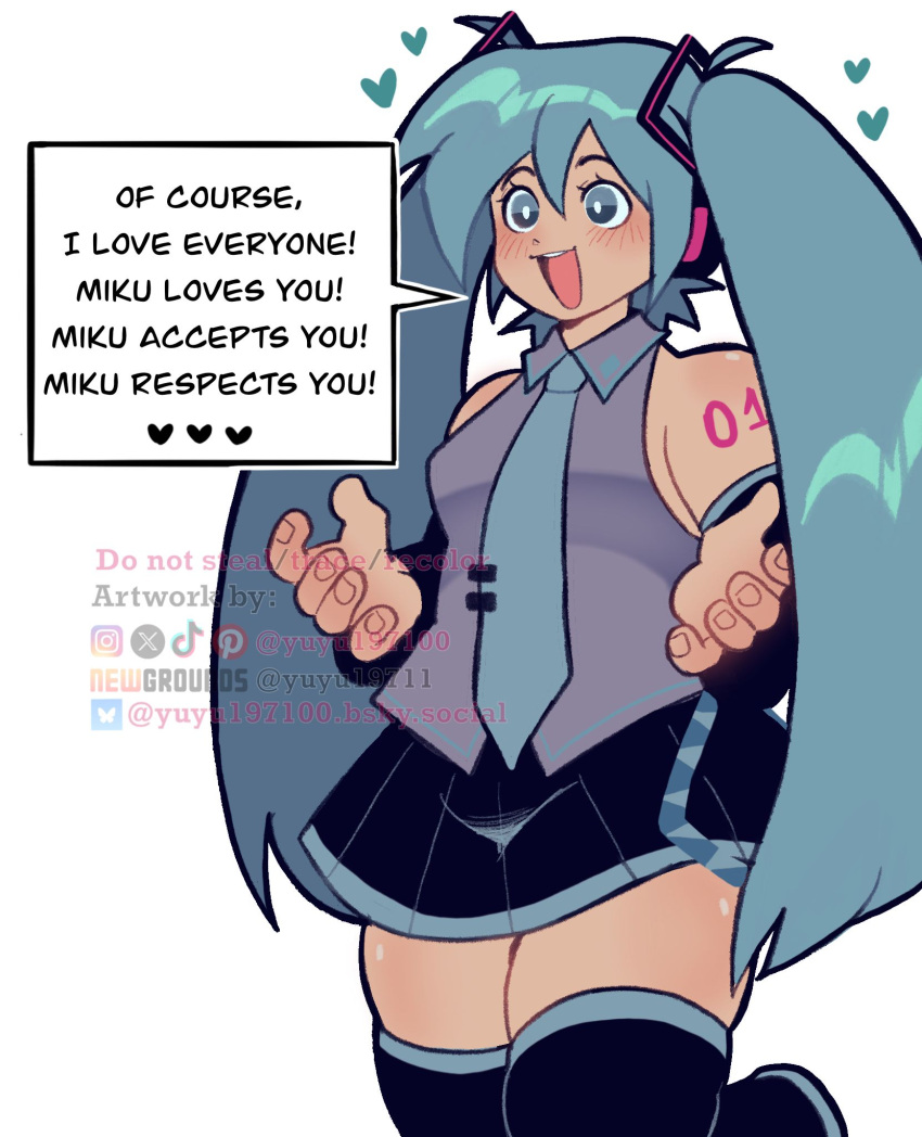 1girl, aqua_eyes, aqua_hair, aqua_necktie, artist_name, black_skirt, black_sleeves, black_thighhighs