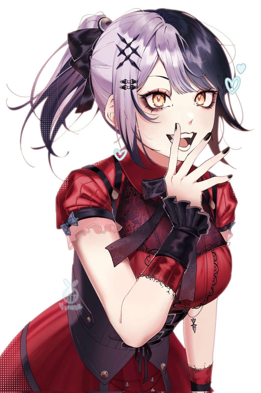 1girl, black_corset, black_hair, black_nails, black_ribbon, corset, dress, english_commentary