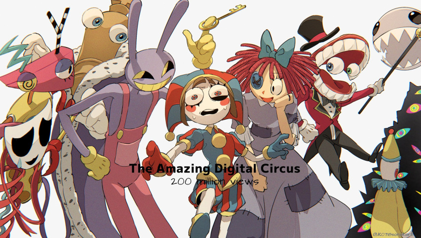 1other, 3girls, 4boys, :d, abstraction_(the_amazing_digital_circus), asymmetrical_gloves, bare_shoulders, black_bow