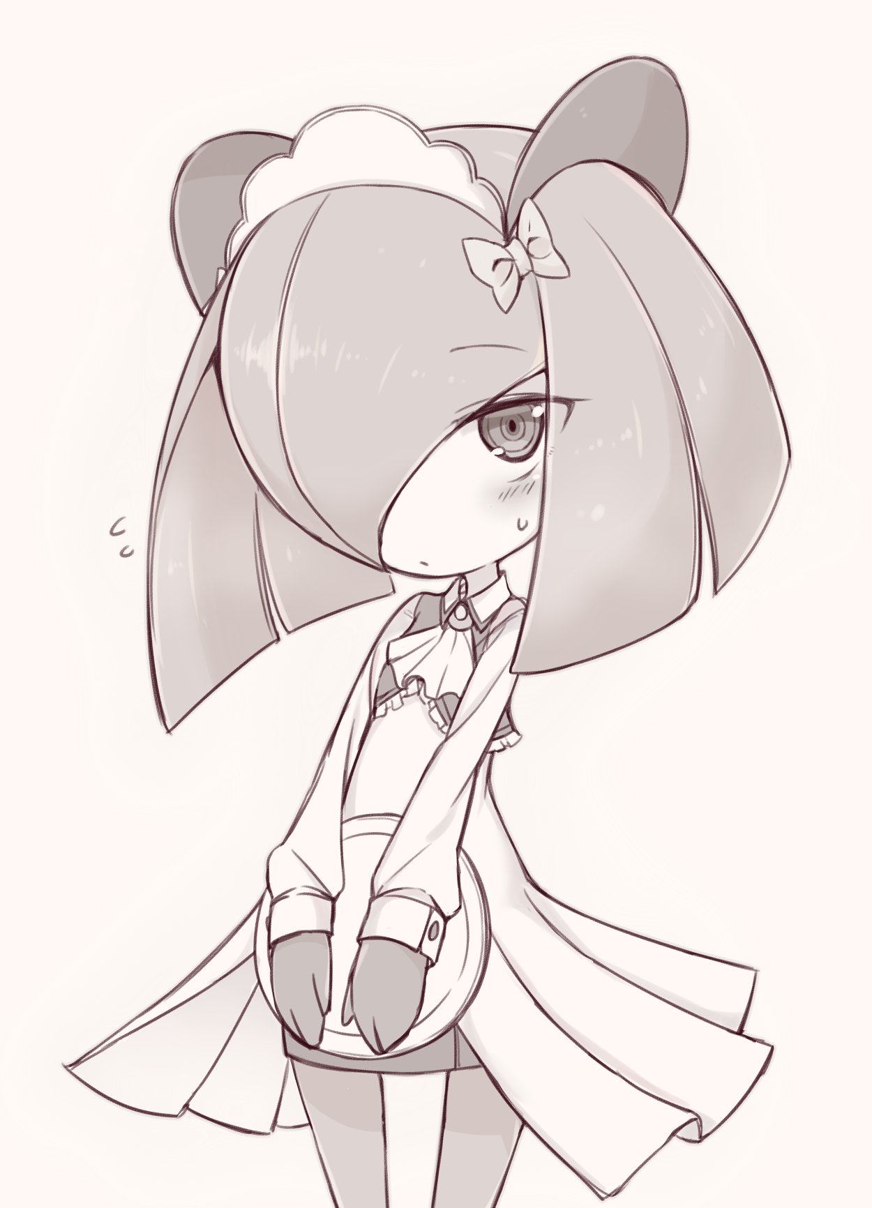 1girl, ascot, bow, clothed_pokemon, flying_sweatdrops, hair_bow, hair_over_one_eye, highres, holding, holding_plate, horns, kirlia, maid_headdress, monochrome, nonono_mino, plate, pokemon, pokemon_(creature), shirt, sidelocks, simple_background, skirt, sweatdrop, white_shirt