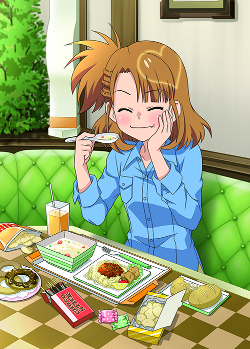 1girl, :t, ^_^, akb0048, blue_shirt, braid, brown_hair, chinese_spoon