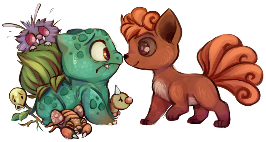 bellsprout, bulbasaur, closed_eyes, closed_mouth, cowering, fang, multiple_tails, no_humans, noses_touching, orange_hair, paras, peeking_out, pokemon, pokemon_(creature), red_eyes, sharkie-19, simple_background, sitting_on_animal, smile, standing, sweatdrop, tail, venonat, vulpix, weedle, white_background