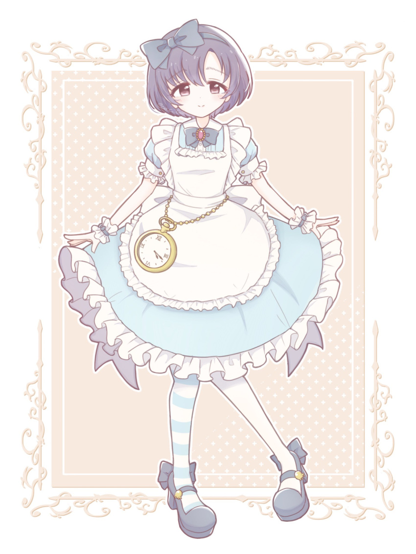 1girl, absurdres, alice_(alice_in_wonderland), alice_(alice_in_wonderland)_(cosplay), alice_in_wonderland, apron, asymmetrical_pantyhose, black_footwear, blue_bow, blue_bowtie, blue_dress, blue_hairband, bow, bowtie, chain, clock, closed_mouth, coa_co_coa, cosplay, dot_nose, dress, forehead, frilled_dress, frills, full_body, gold_chain, hairband, highres, idolmaster, idolmaster_cinderella_girls, idolmaster_cinderella_girls_starlight_stage, light_blush, light_smile, looking_at_viewer, mary_janes, pantyhose, parted_bangs, puffy_short_sleeves, puffy_sleeves, shiragiku_hotaru, shoes, short_hair, short_sleeves, sidelocks, solo, standing, straight-on, striped_clothes, striped_pantyhose, violet_eyes, waist_bow, white_apron, white_pantyhose, white_wrist_cuffs, wrist_cuffs